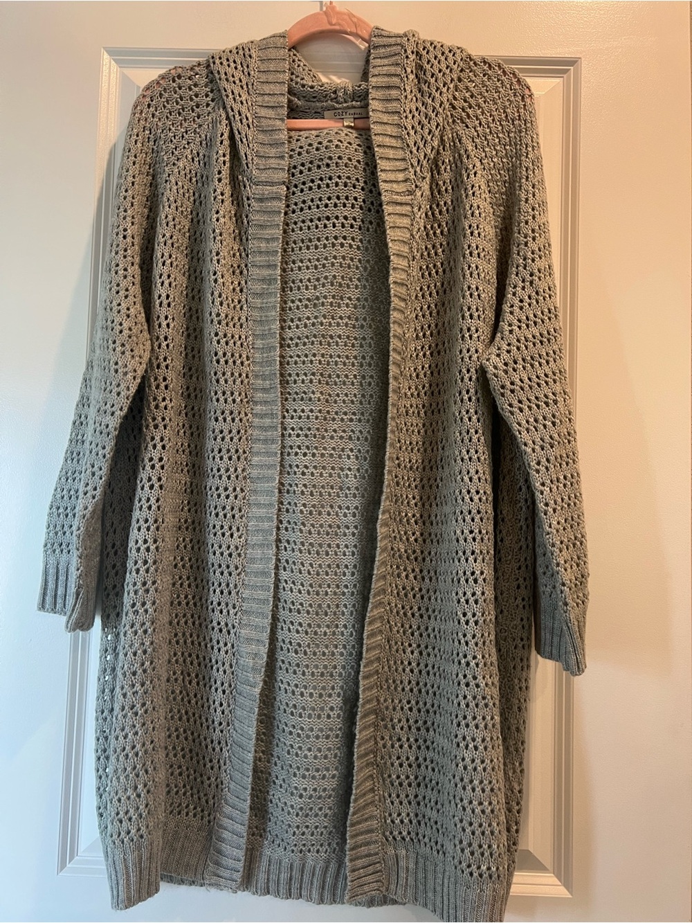 Cozy Casual Open-Weave Gray Cardigan with Rib Trim and Hood